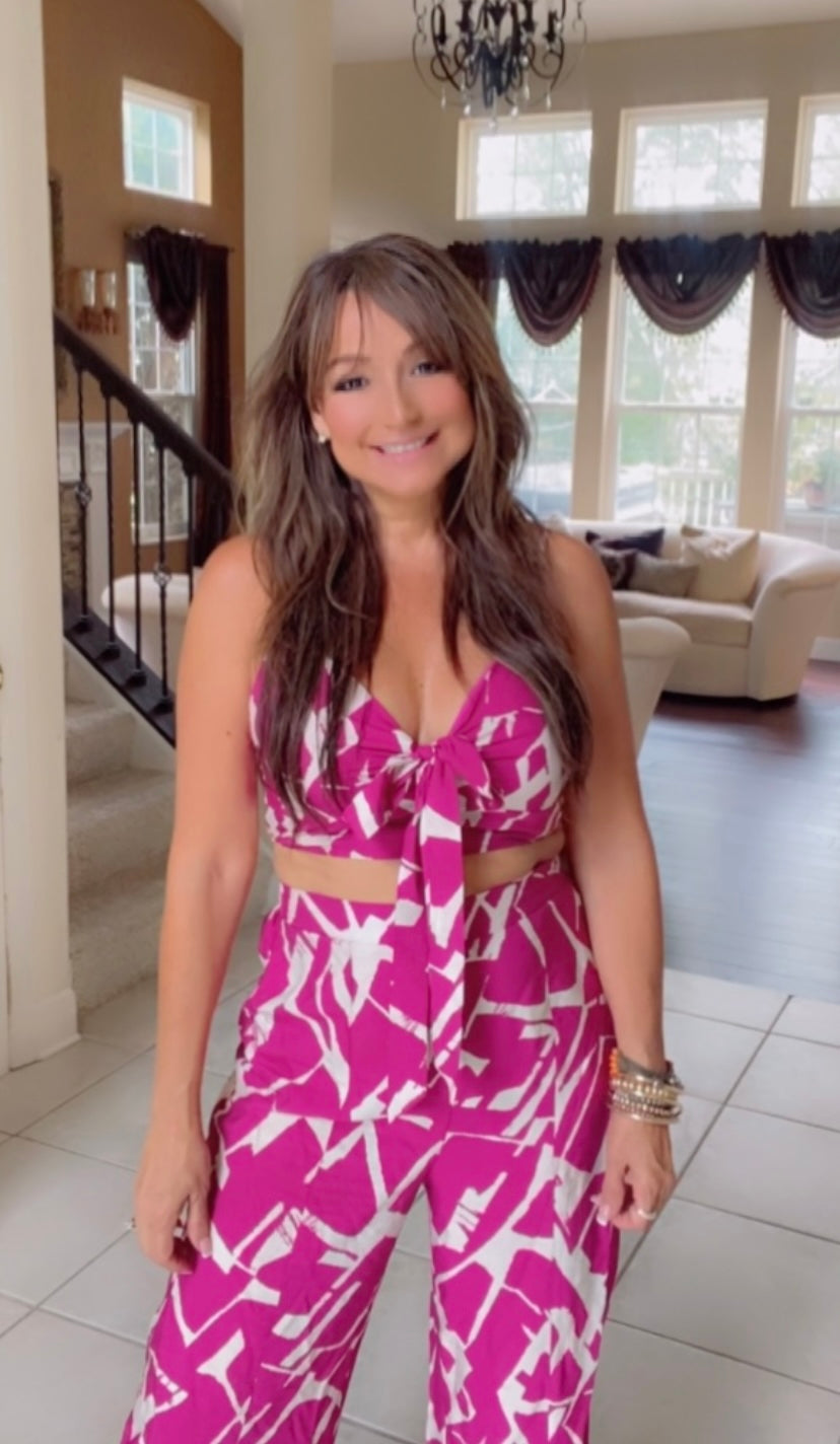 2 Piece Printed Magenta Set Bottom and front Tie Top