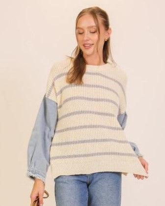 Denim Sleeve Stripe Sweater