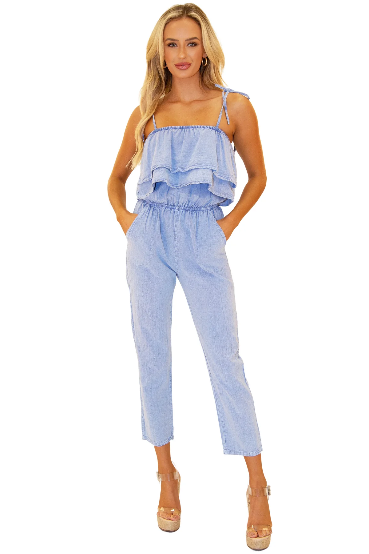 Ruffle Top Cinched Waist Jumpsuit (Additional Colors Available)