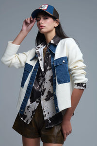 Cream Knitted Cardigan with Denim Details