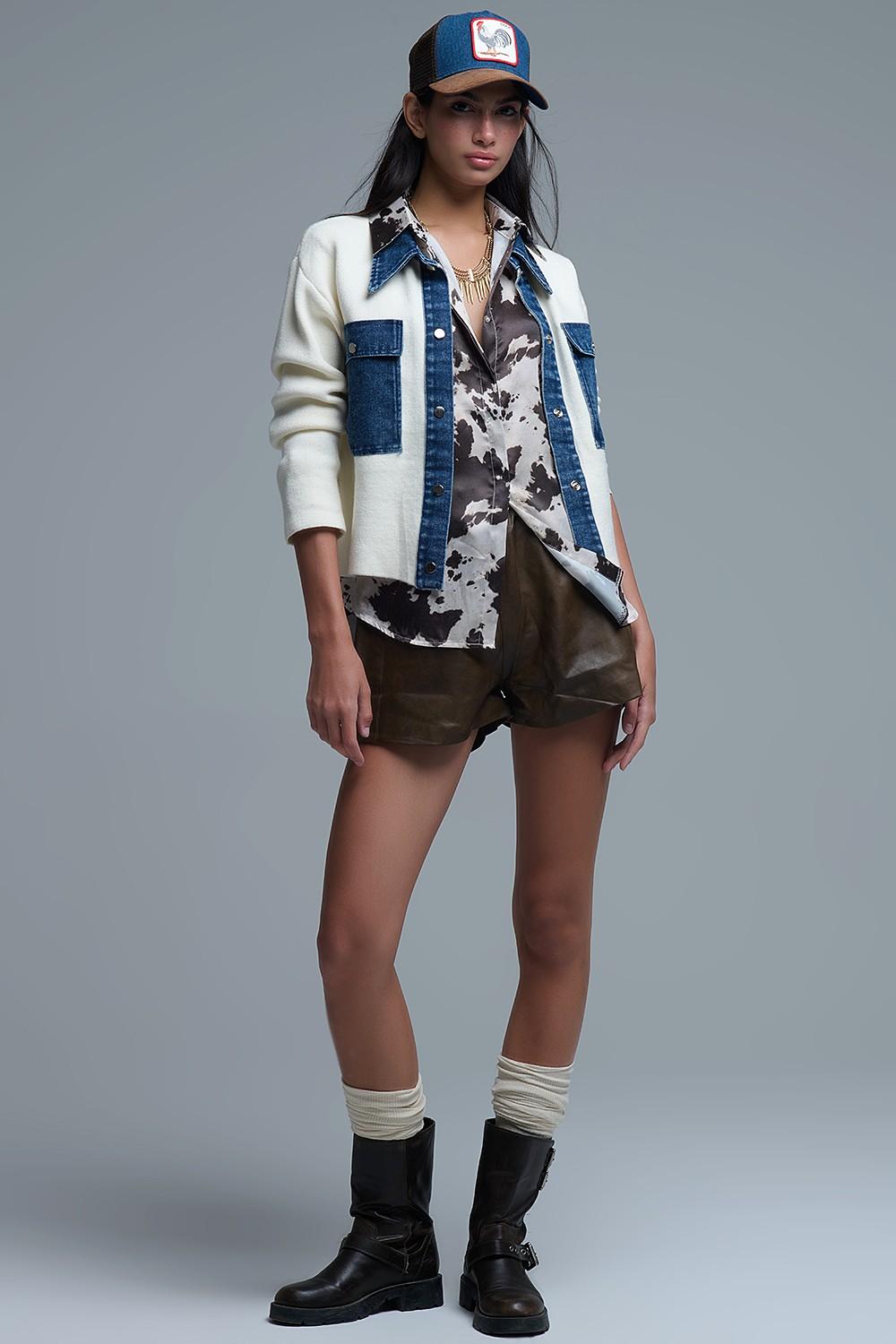 Cream Knitted Cardigan with Denim Details
