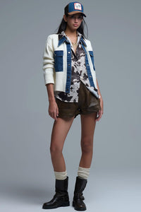 Cream Knitted Cardigan with Denim Details