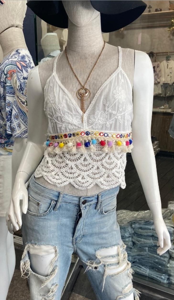 Woven Top with Pom Pom Tassel Trim And Crochet Detail