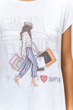 Rhinestone Shopping Girl Print T-Shirt