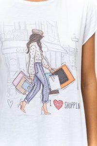 Rhinestone Shopping Girl Print T-Shirt