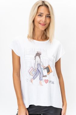 Rhinestone Shopping Girl Print T-Shirt