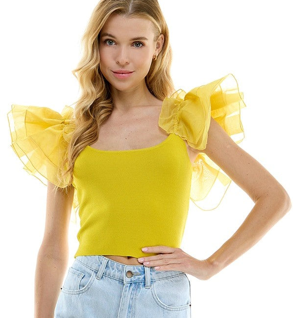 Yellow Raffles Top Yellow Top With Ruffle Sleeves – Glamtique by V