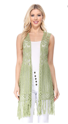 Sage Crochet Knitted Vest with Fringe