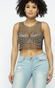 Pearl Stone Jeweled Mesh Crop Top (Additional Colors Available)