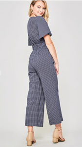 Plaid Tie-Front Bell-Sleeve Cropped Jumpsuit