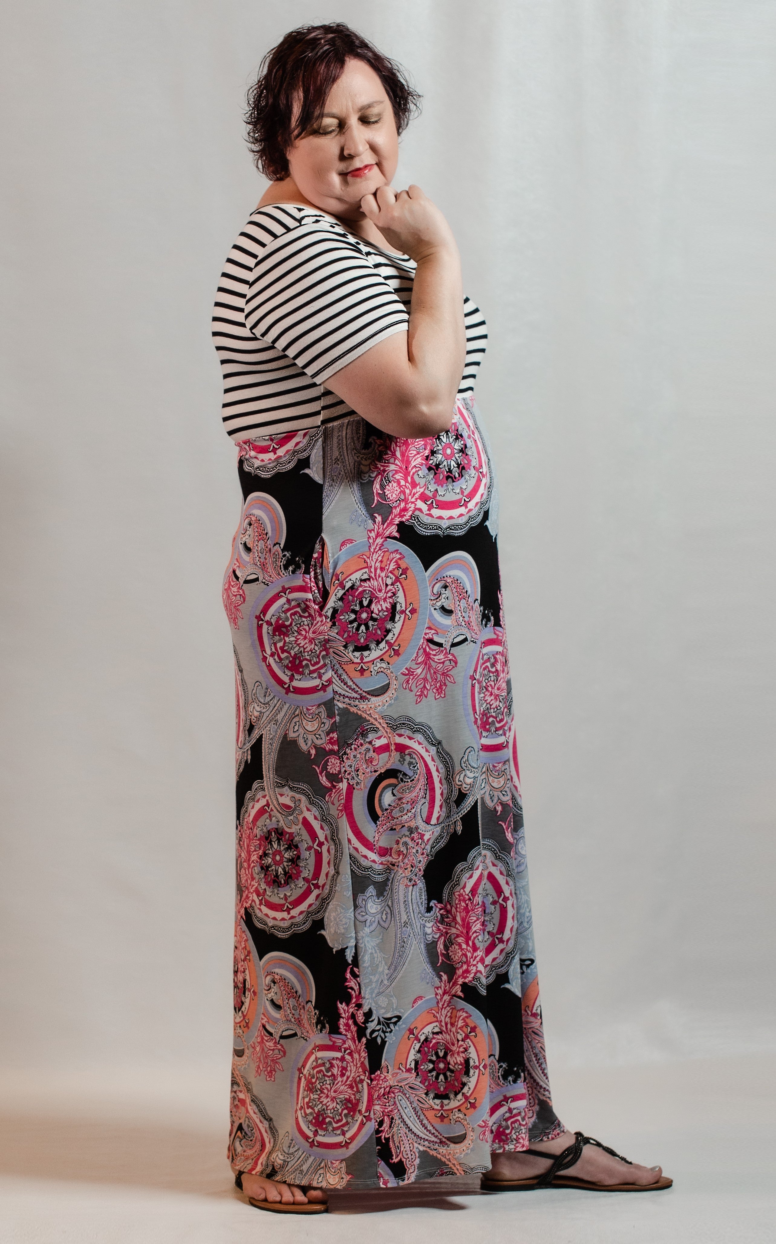 Plus Size Stripe and Multi Color Print Maxi Dress