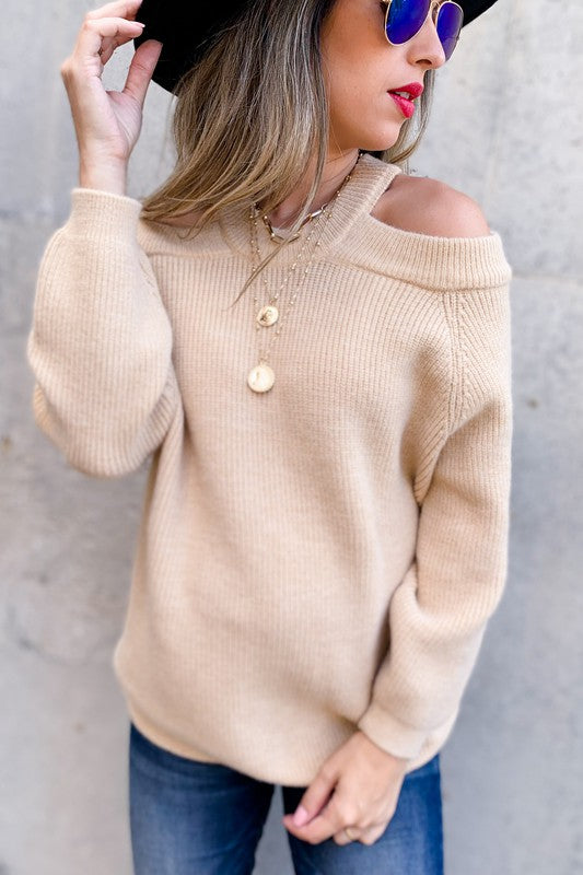 Halter Neck Cold Shoulder Knitted Sweater (Additional Colors Available)