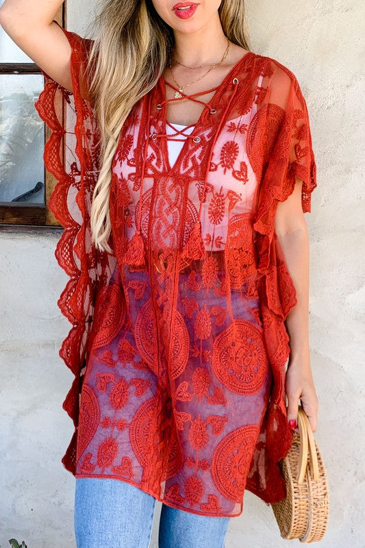 Rust Floral Sheer Lace Up Kimono